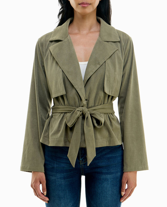 FRONT OF DAPHINE VEGAN SUEDE CROPPED TRENCH JACKET | Olive Vine