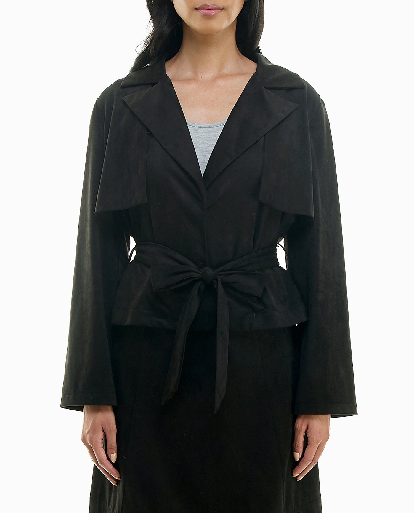 FRONT OF DAPHINE VEGAN SUEDE CROPPED TRENCH JACKET | Very Black