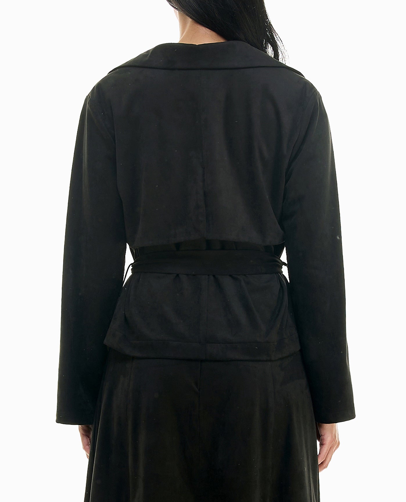 BACK OF DAPHINE VEGAN SUEDE CROPPED TRENCH JACKET | Very Black