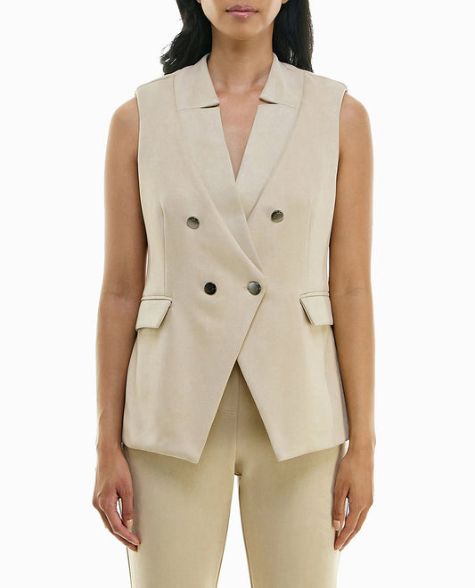 FRONT OF STELLA VEGAN SUEDE DOUBLE BREASTED LONG VEST | Biscotti