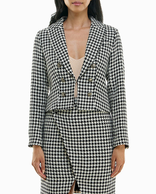 FRONT OF WINNIE HOUNDSTOOTH CROPPED BLAZER | Houndstooth Ivory and Black