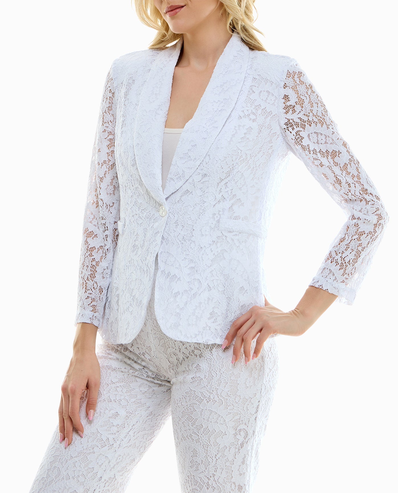 SIDE OF LILY LACE ONE BUTTON BLAZER | Brilliant White