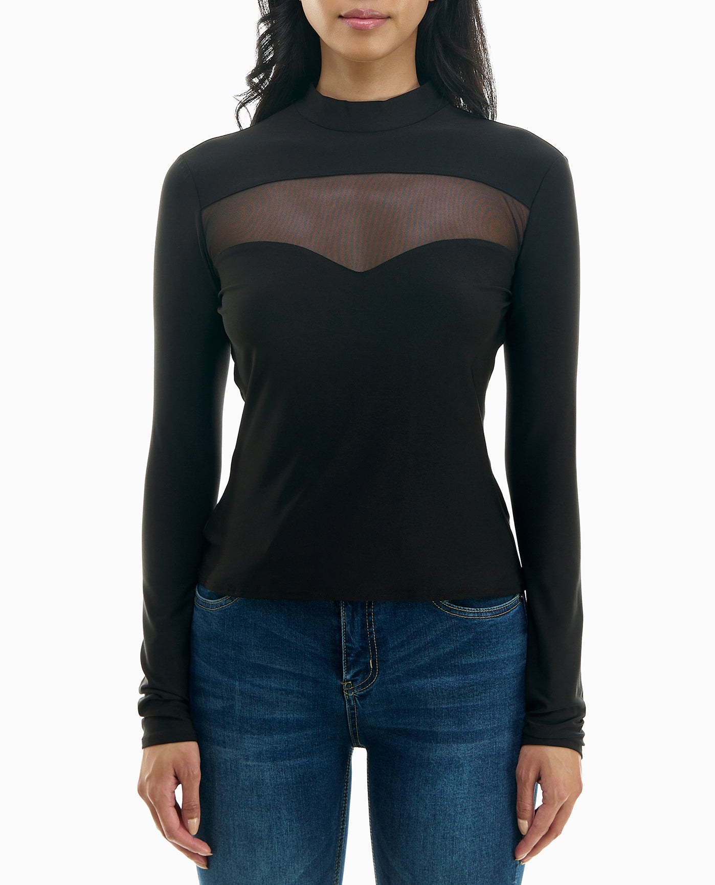 FRONT OF ASPEN CREPE LONG SLEEVE ILLUSION MOCK NECK TOP | Very Black