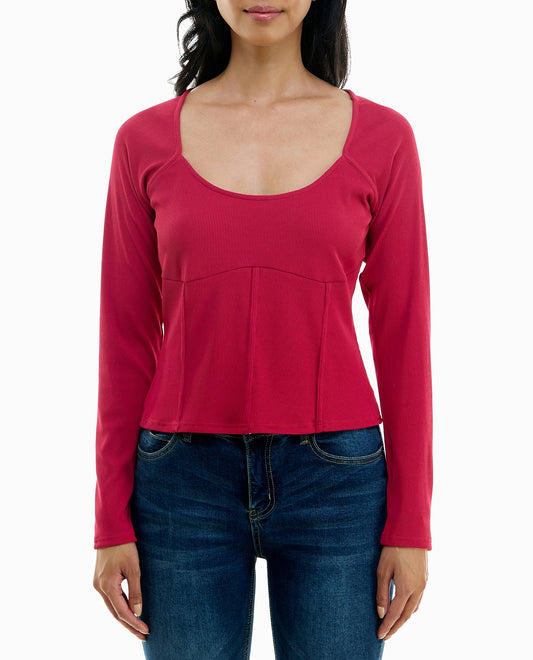 FRONT OF SADIE RIB KNIT LONG SLEEVE SCOOP NECK PULLOVER | Sangria