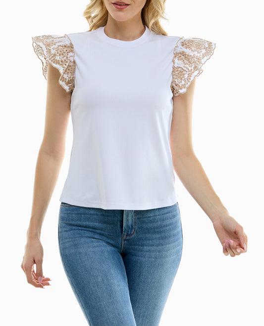 FRONT OF CHERIE EMBROIDERED KNIT SHORT SLEEVE TOP | Brilliant White and Sand