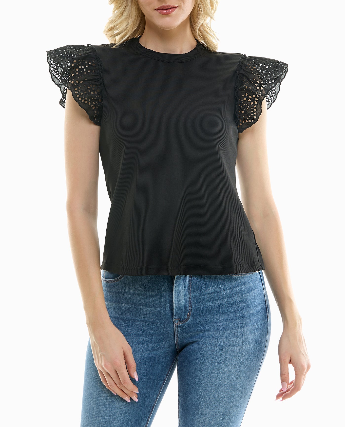 FRONT OF CHERIE EMBROIDERED KNIT SHORT SLEEVE TOP | Very Black