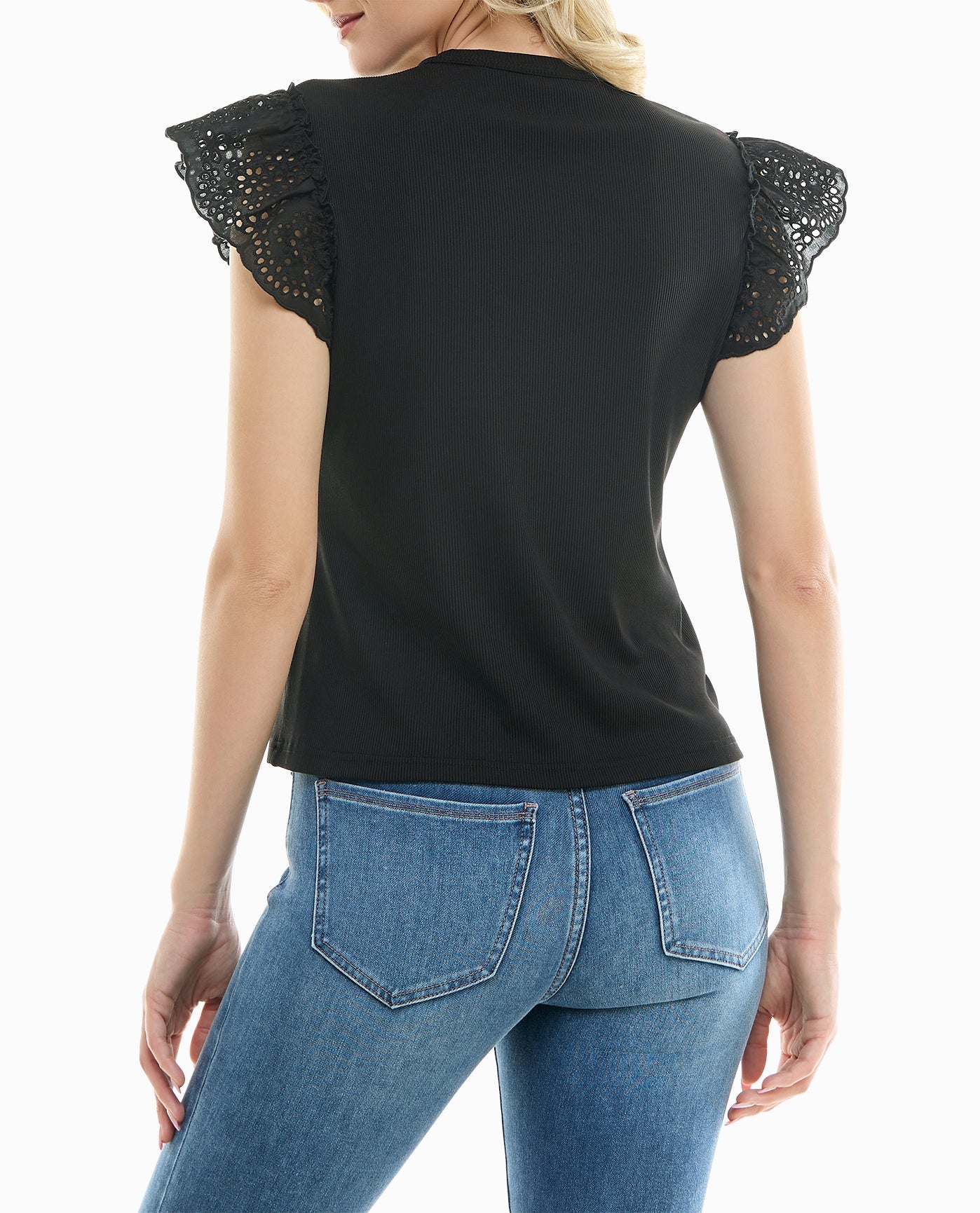 BACK OF CHERIE EMBROIDERED KNIT SHORT SLEEVE TOP | Very Black