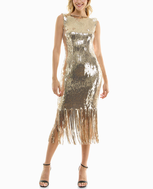 FRONT OF SCARLETT SEQUIN FRINGED SHEATH DRESS | Champagne Gold