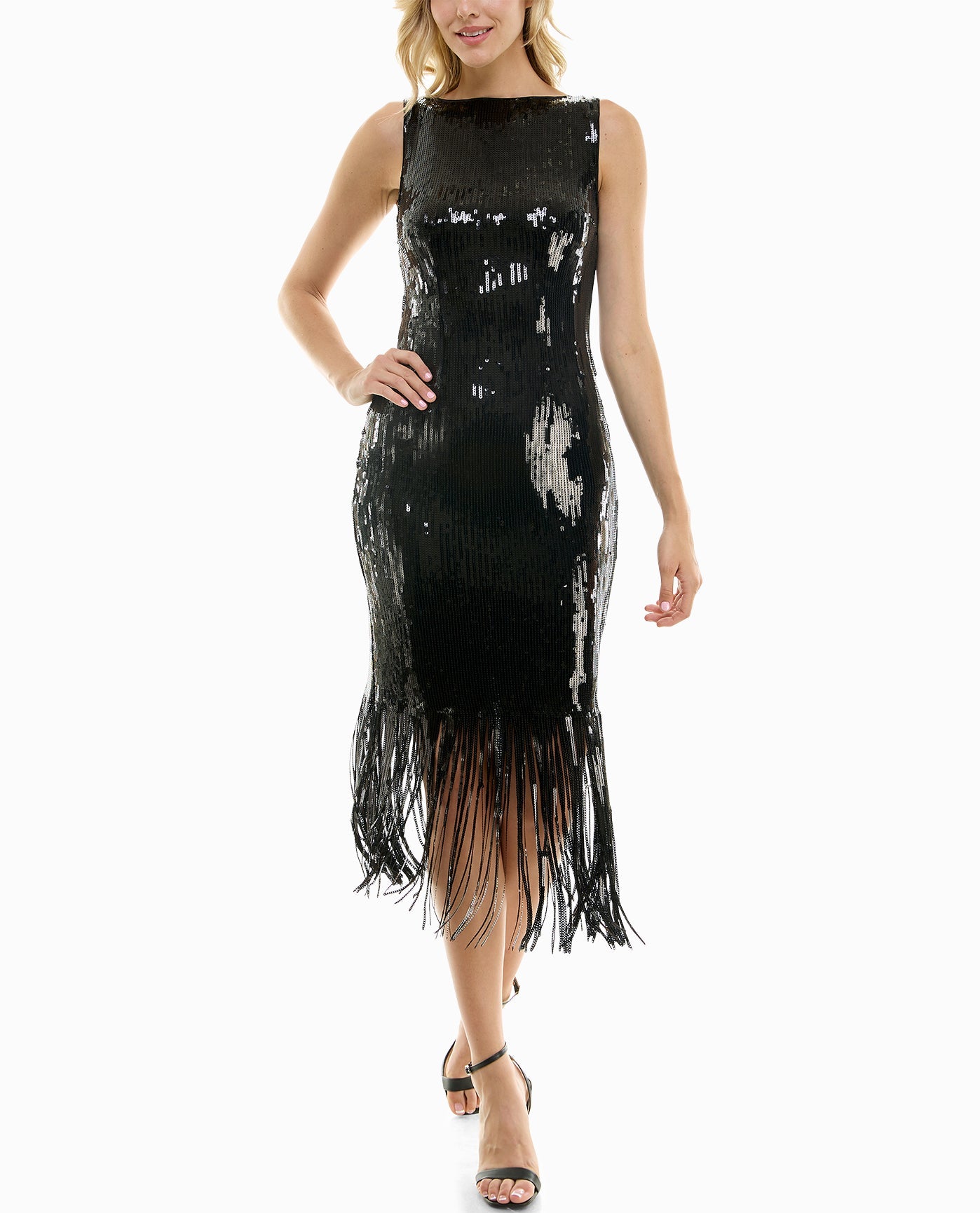 ALTERNATE FRONT VIEW OF SCARLETT SEQUIN FRINGED SHEATH DRESS | Very Black