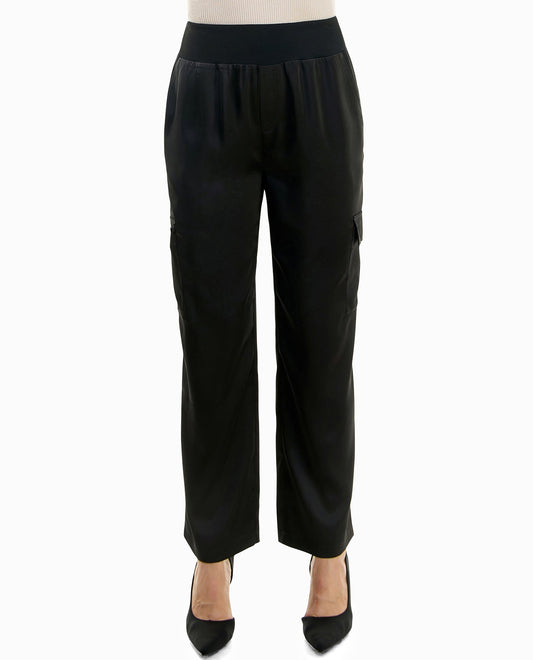 FRONT OF ANDIE STRETCH SATIN PULL ON CARGO PANT | Very Black