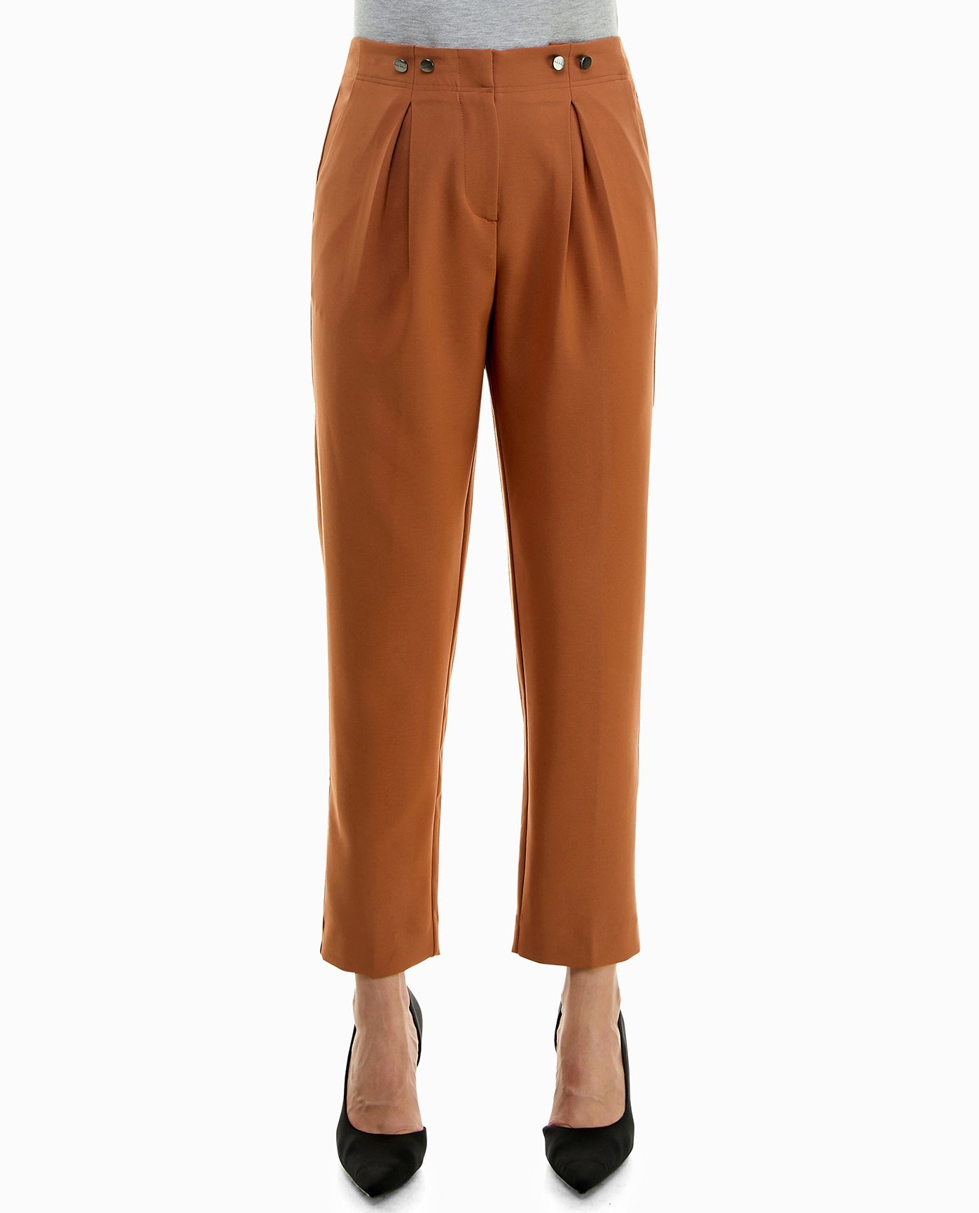 FRONT OF NOVA STRETCH CREPE PLEATED ZIP FRONT TROUSER | Mocha Bisque