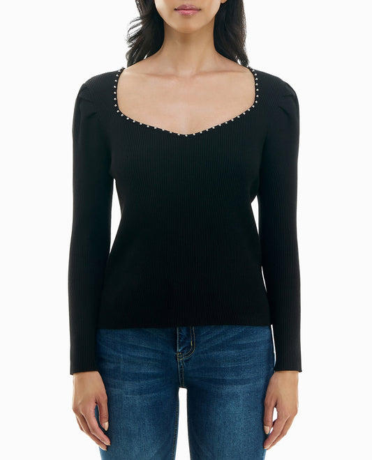 FRONT OF HARLEY KNIT PUFF SLEEVE NECK TRIM SWEATER | Very Black