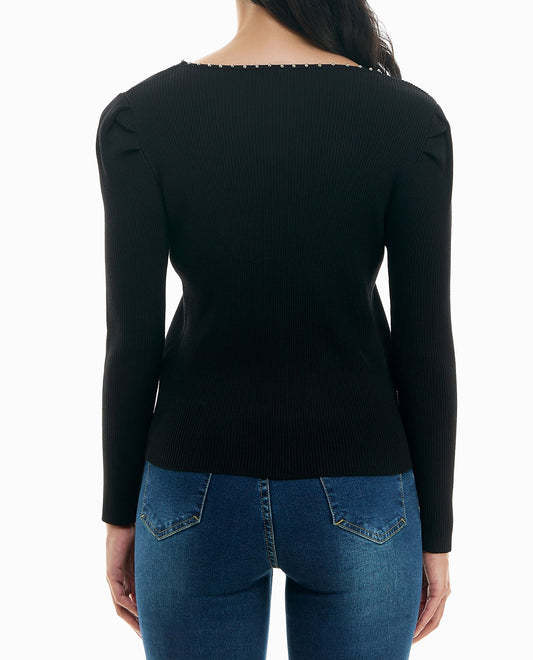 BACK OF HARLEY KNIT PUFF SLEEVE NECK TRIM SWEATER | Very Black