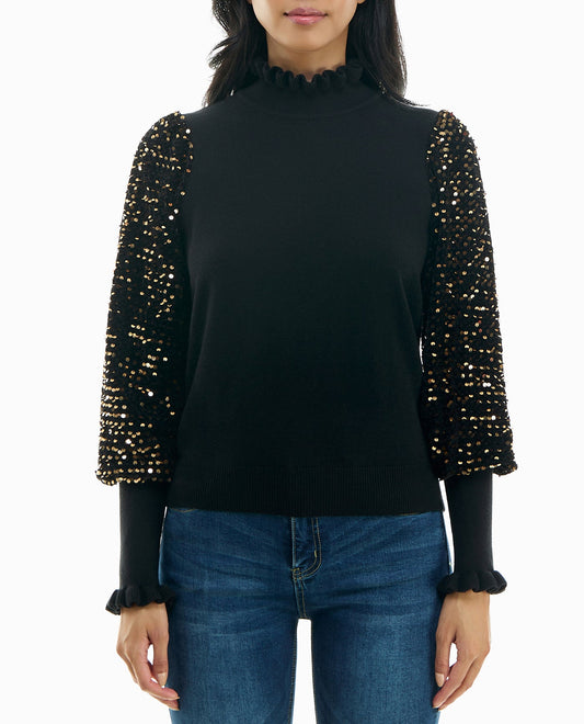 FRONT OF IZZY SEQUINS RUFFLE NECK LONG SLEEVE SWEATER | Very Black and Gold