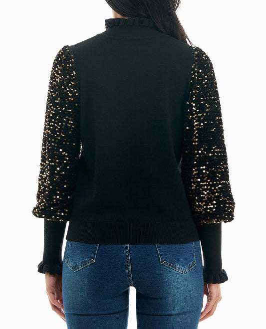 BACK OF IZZY SEQUINS RUFFLE NECK LONG SLEEVE SWEATER | Very Black and Gold