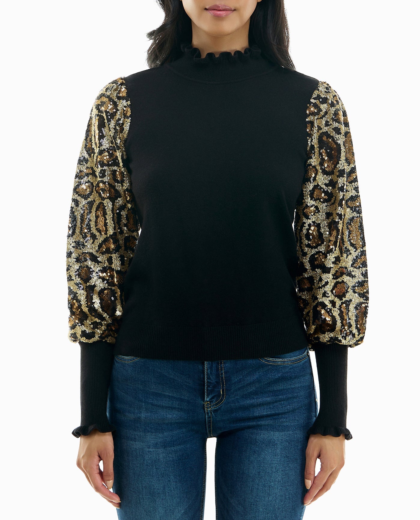 FRONT OF IZZY SEQUINS RUFFLE NECK LONG SLEEVE SWEATER | Very Black and Animal