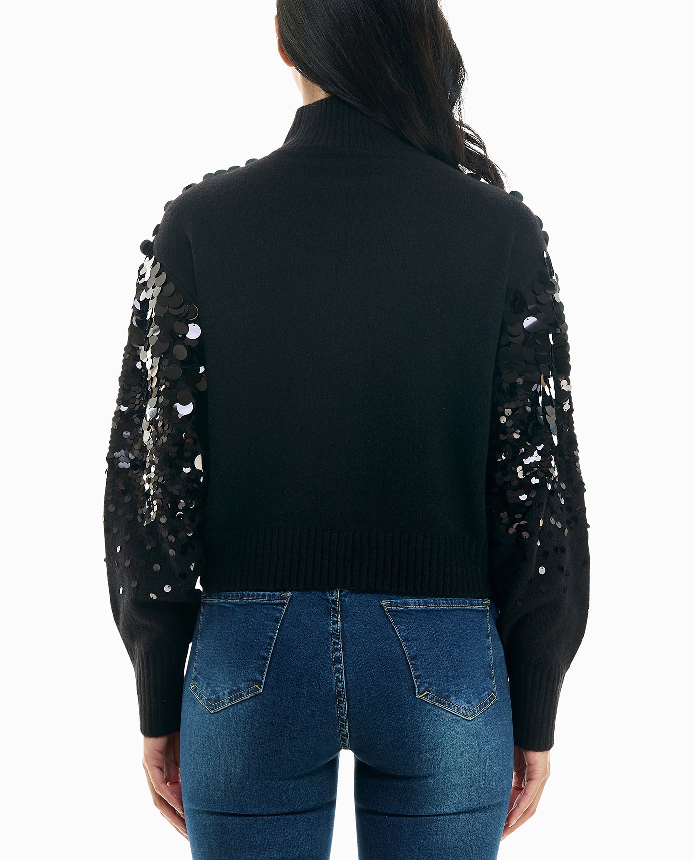 BACK OF PAIGE ALL OVER PAILLETTES MOCK NECK SWEATER | Very Black