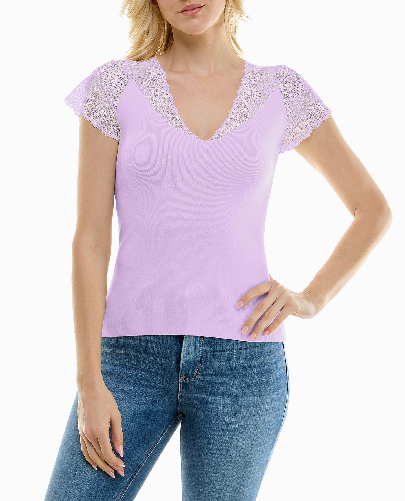 FRONT OF SELENE LACE TRIM SHORT SLEEVE SWEATER | Lilac Solid