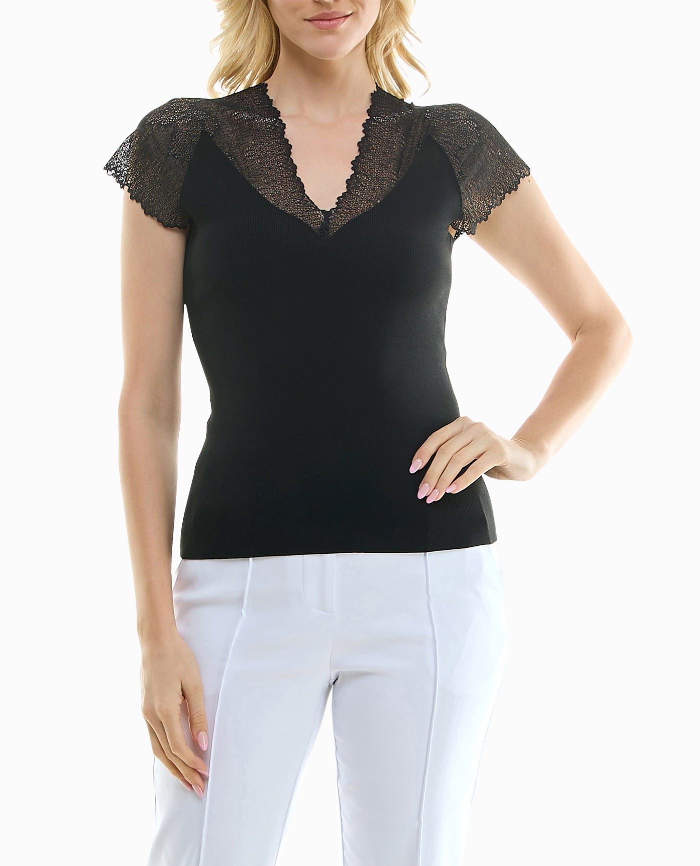 FRONT OF SELENE LACE TRIM SHORT SLEEVE SWEATER | Very Black