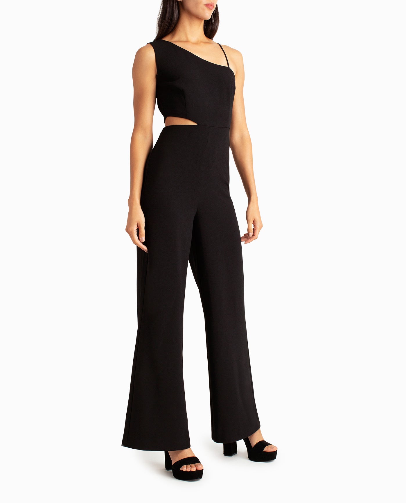 SIDE OF CLAIRE CREPE ONE SHOULDER JUMPSUIT | Very Black