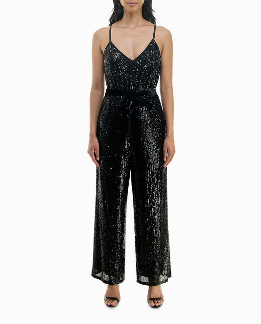 FRONT OF SKYE SEQUIN SPAGHETTI STRAP JUMPSUIT | Very Black