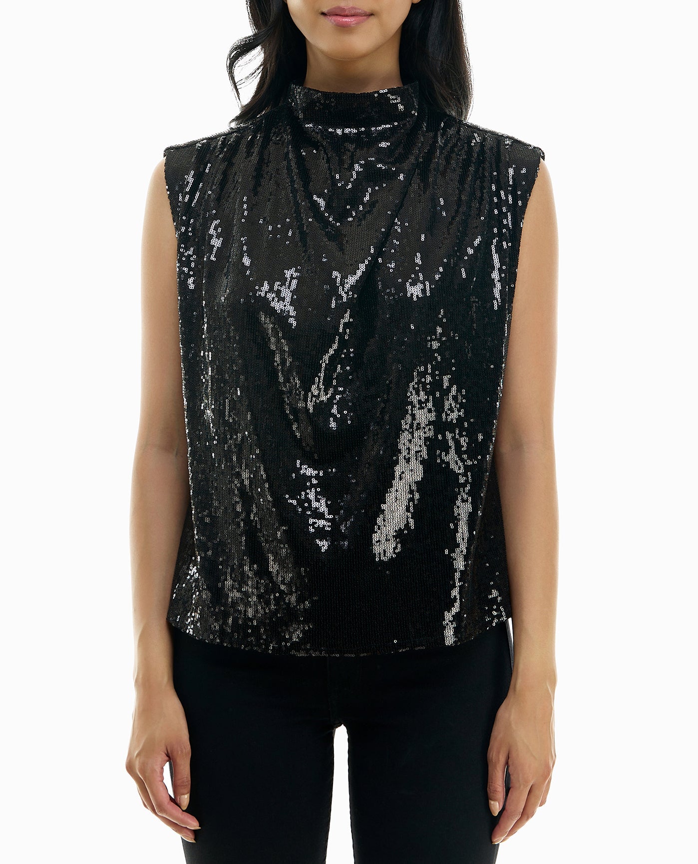 FRONT OF GEMMA ALL OVER SEQUIN SLEEVELESS TOP | Very Black