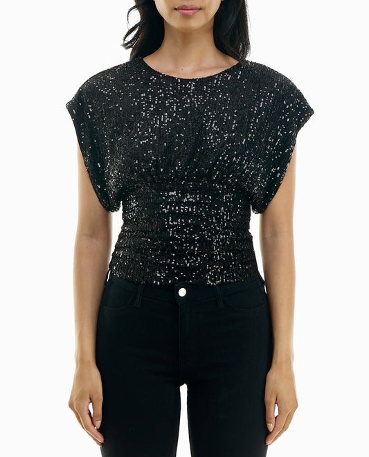 FRONT OF KIERA ALL OVER SEQUINS SHORT SLEEVE PLEATED TOP | Very Black