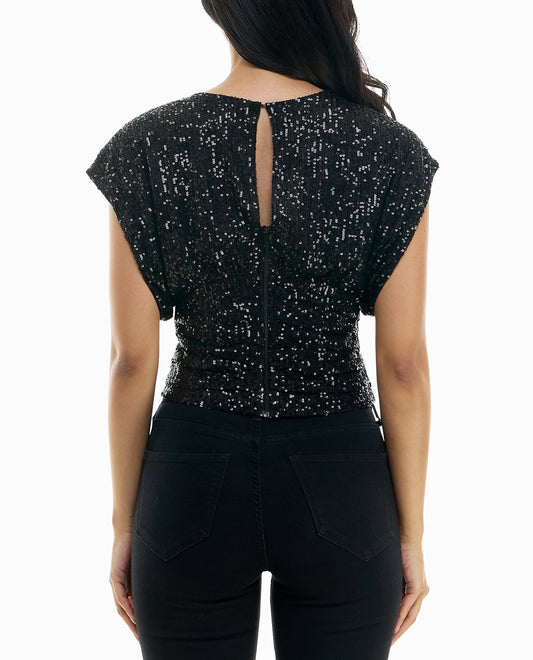 BACK OF KIERA ALL OVER SEQUINS SHORT SLEEVE PLEATED TOP | Very Black