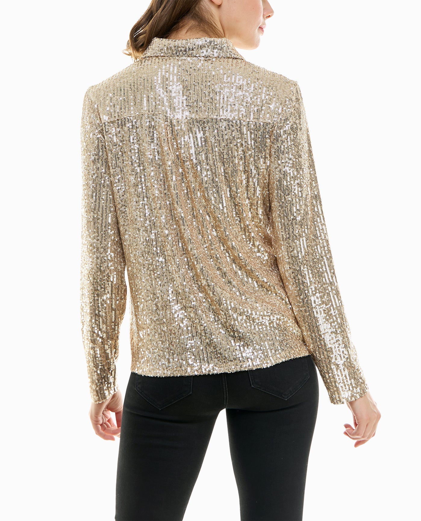 BACK OF NORA SEQUIN BUTTON FRONT SHIRT | Champagne