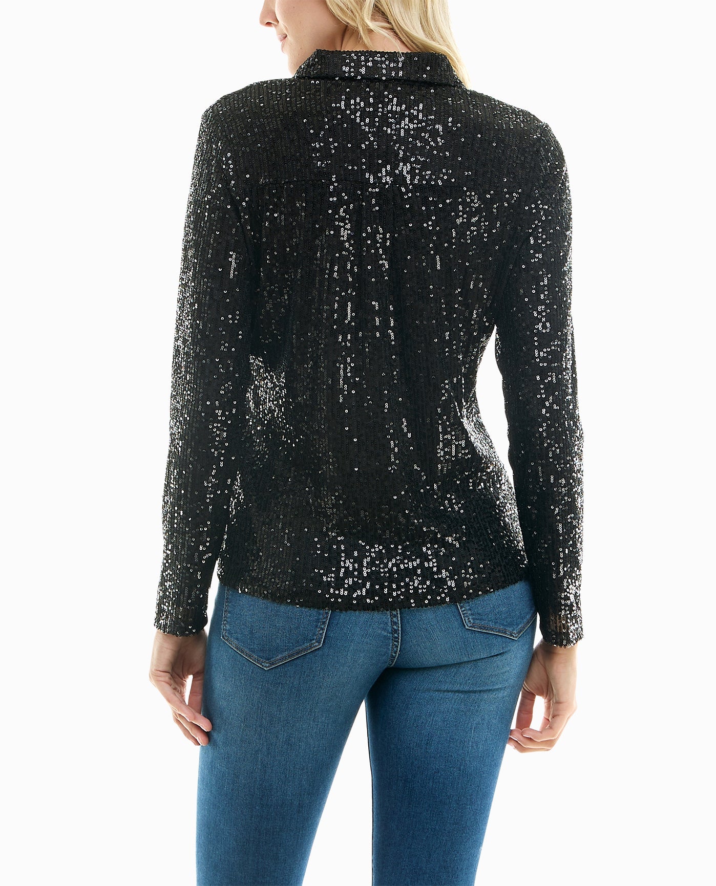 BACK OF NORA SEQUIN BUTTON FRONT SHIRT | Very Black