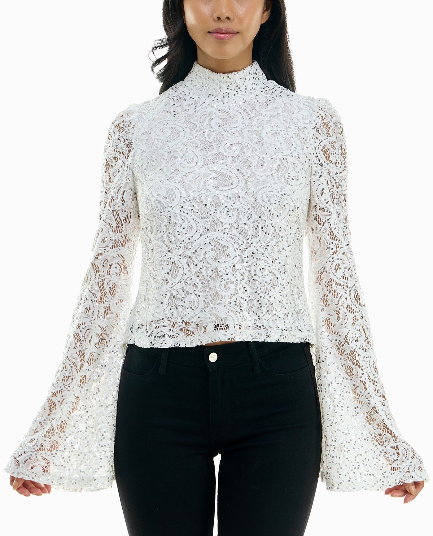 FRONT OF MAUDE SEQUINED LACE BELL SLEEVE TOP | Cannoli Cream