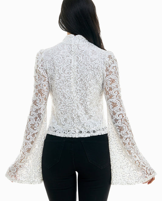 BACK OF MAUDE SEQUINED LACE BELL SLEEVE TOP | Cannoli Cream