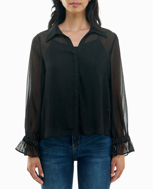 FRONT OF MIA LUREX CHIFFON LONG SLEEVE BLOUSE WITH CAMISOLE | Very Black