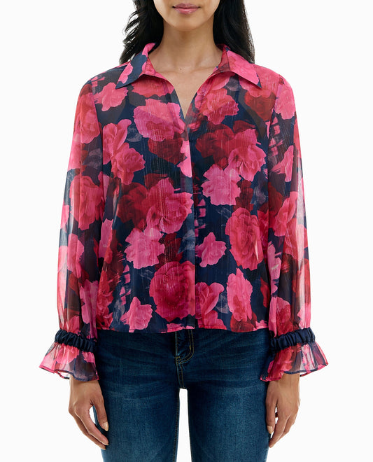 FRONT OF MIA LUREX CHIFFON LONG SLEEVE BLOUSE WITH CAMISOLE | Red and Navy Print