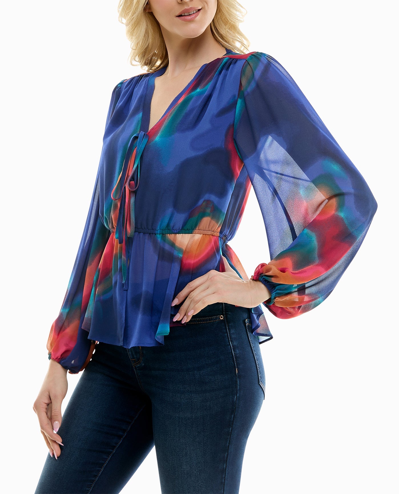 Women's Nicole Miller Designer Aurora Chiffon Tie Front Peplum V 