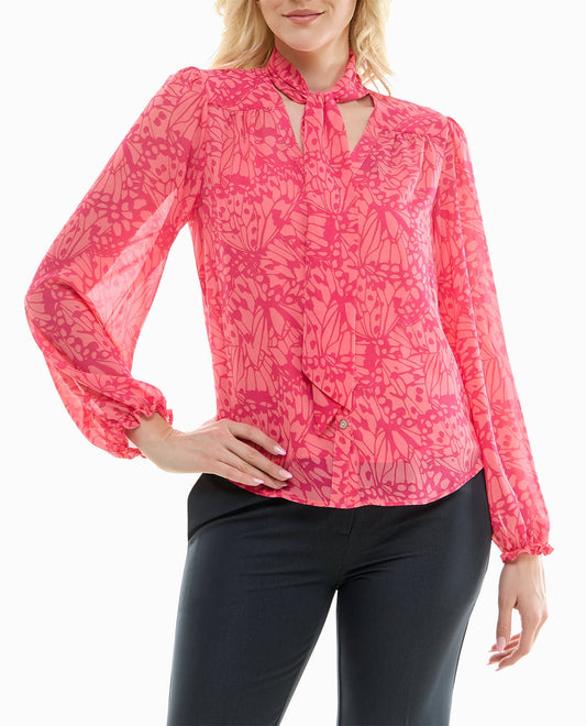 FRONT OF CARIA CHIFFON TIE FRONT LONG SLEEVE BLOUSE | Fuchsia Purple