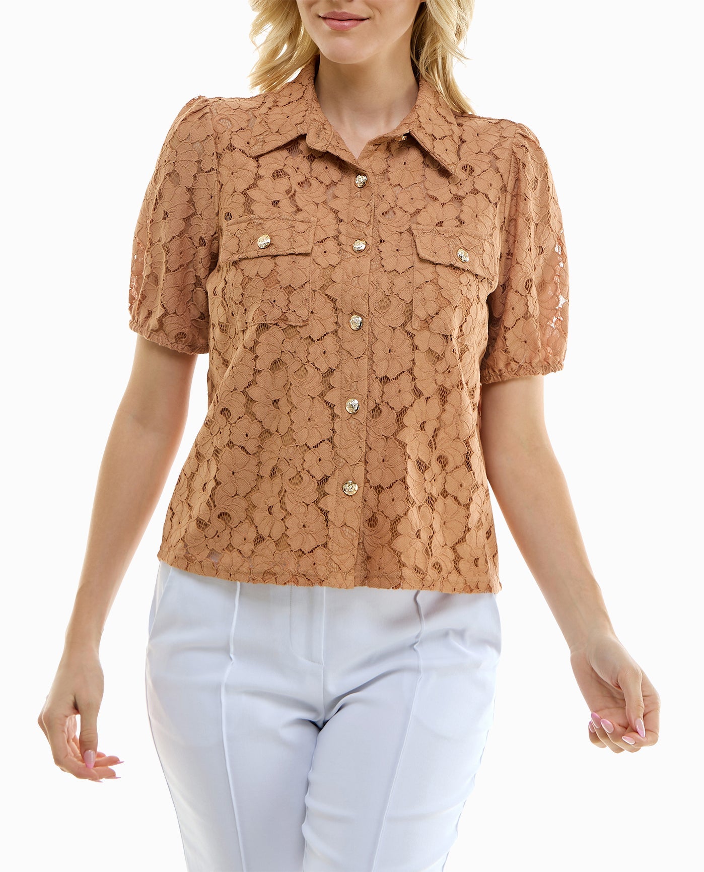 FRONT OF SAGE LACE BUTTON FRONT SHORT SLEEVE SHIRT | Dark Tan
