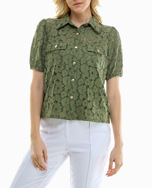 FRONT OF SAGE LACE BUTTON FRONT SHORT SLEEVE SHIRT | Olive Solid