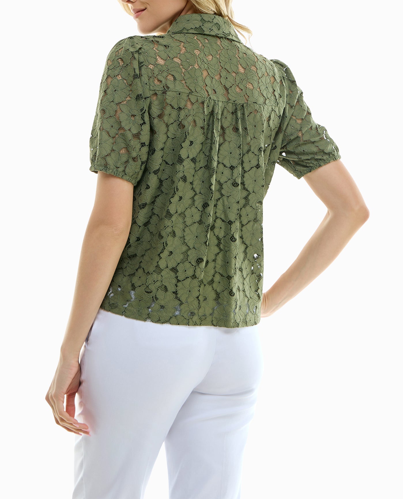 Women's Nicole Miller Designer Sage Lace Button Front Short Sleeve 