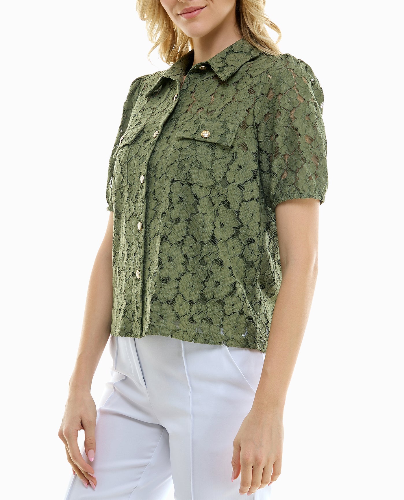 SIDE OF SAGE LACE BUTTON FRONT SHORT SLEEVE SHIRT | Olive Solid