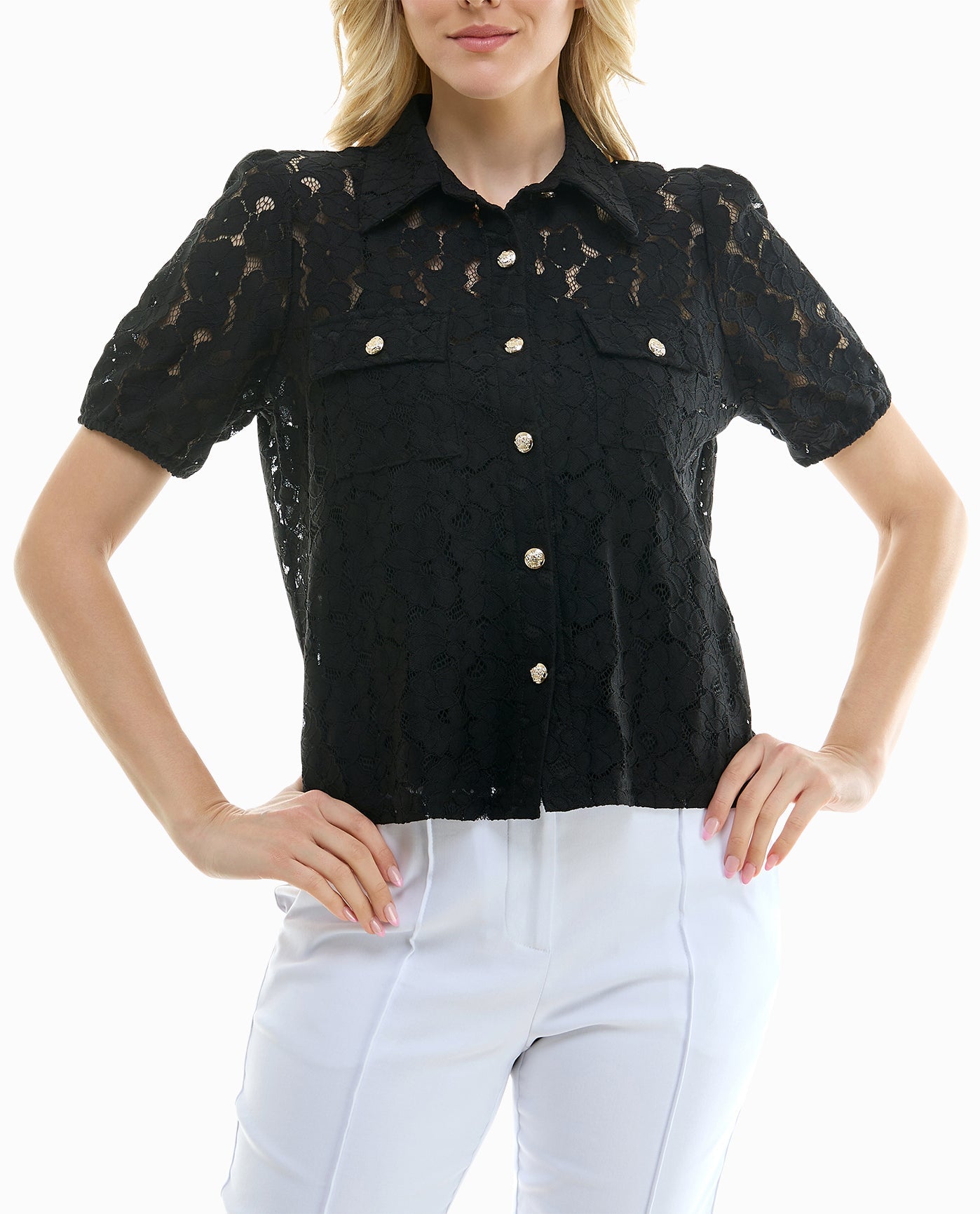 FRONT OF SAGE LACE BUTTON FRONT SHORT SLEEVE SHIRT | Very Black