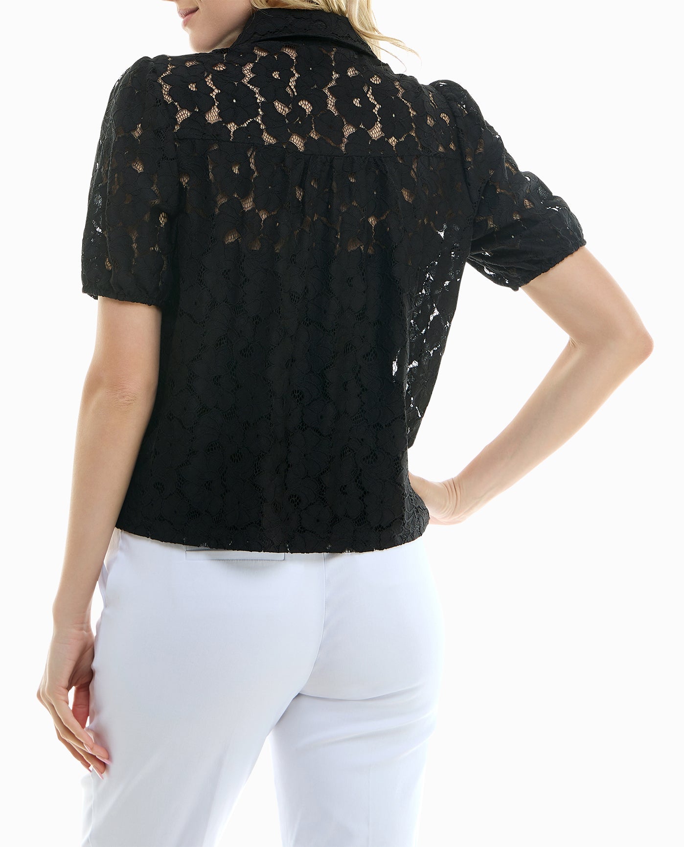 BACK OF SAGE LACE BUTTON FRONT SHORT SLEEVE SHIRT | Very Black