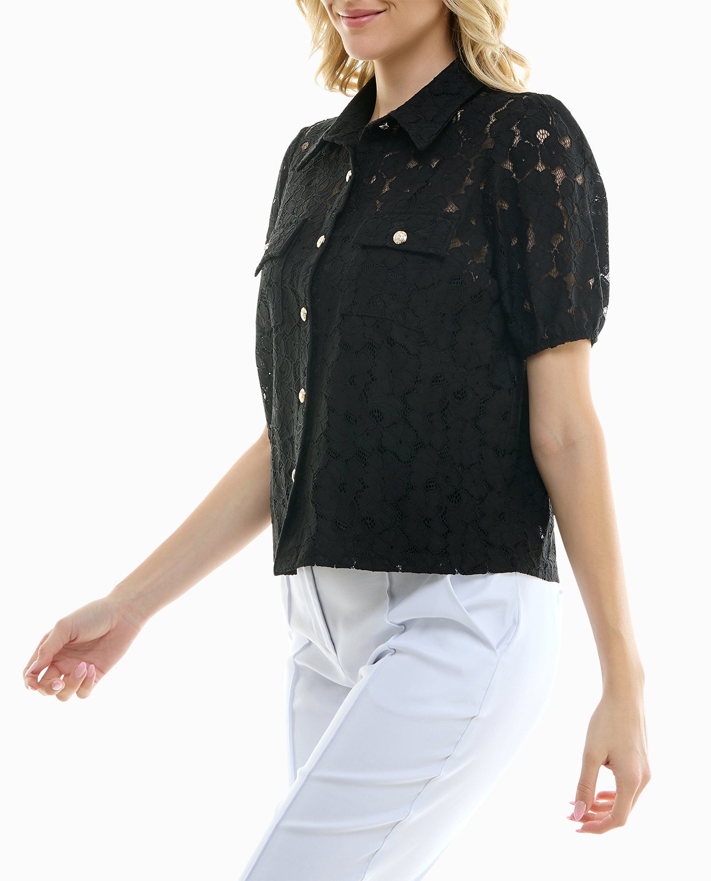 SIDE OF SAGE LACE BUTTON FRONT SHORT SLEEVE SHIRT | Very Black