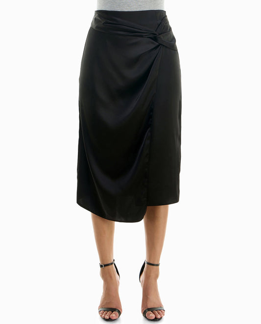 FRONT OF CARRIE STRETCH SATIN FAUX WRAP SKIRT | Very Black