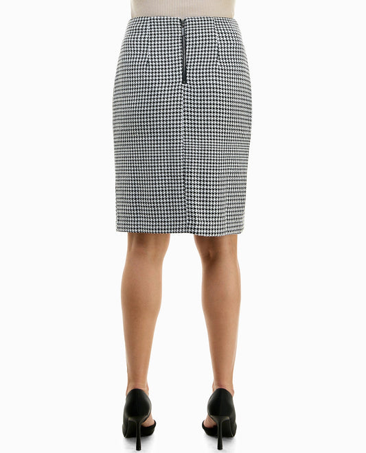 BACK OF EVIE HOUNDSTOOTH FAUX WRAP ASYMMETRICAL SKIRT | Houndstooth Ivory and Black