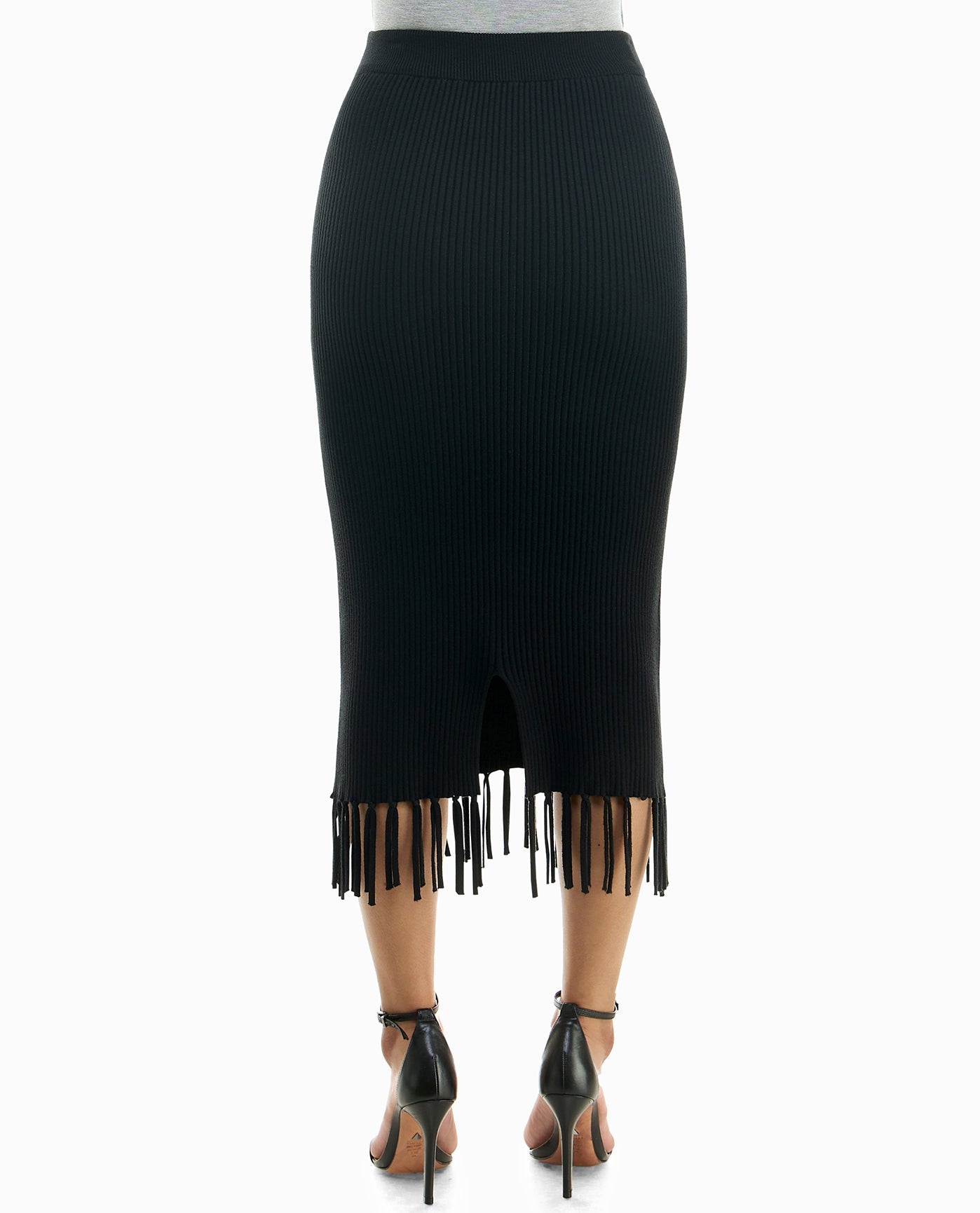 Women's Nicole Miller Designer Talia Rib Knit Pull On Fringe Trim Skirt