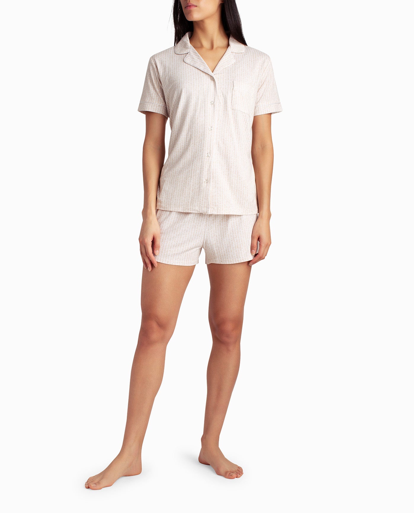 FRONT OF PEACHED JERSEY SHIRT AND SHORT TWO-PIECE SLEEPWEAR SET | Oatmeal Stripe