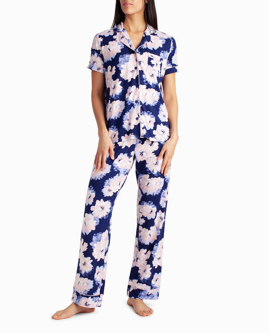 FRONT OF PEACHED JERSEY SHIRT AND PANT TWO-PIECE SLEEPWEAR SET | Indiglo Floral