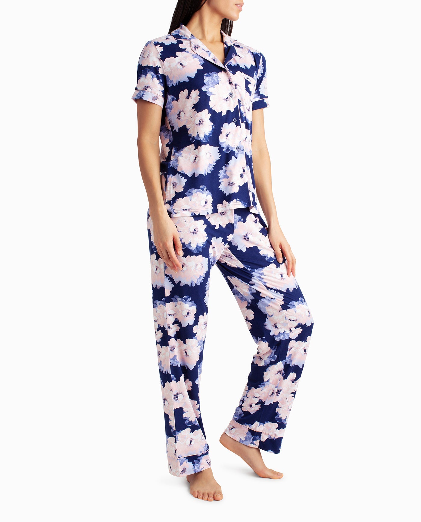 SIDE OF PEACHED JERSEY SHIRT AND PANT TWO-PIECE SLEEPWEAR SET | Indiglo Floral
