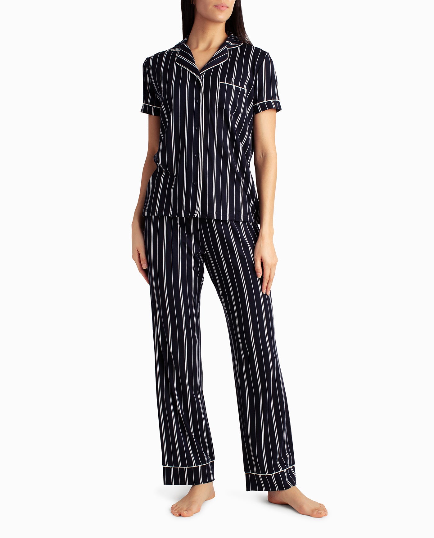 FRONT OF PEACHED JERSEY SHIRT AND PANT TWO-PIECE SLEEPWEAR SET | Stormy Night Vertical Stripe